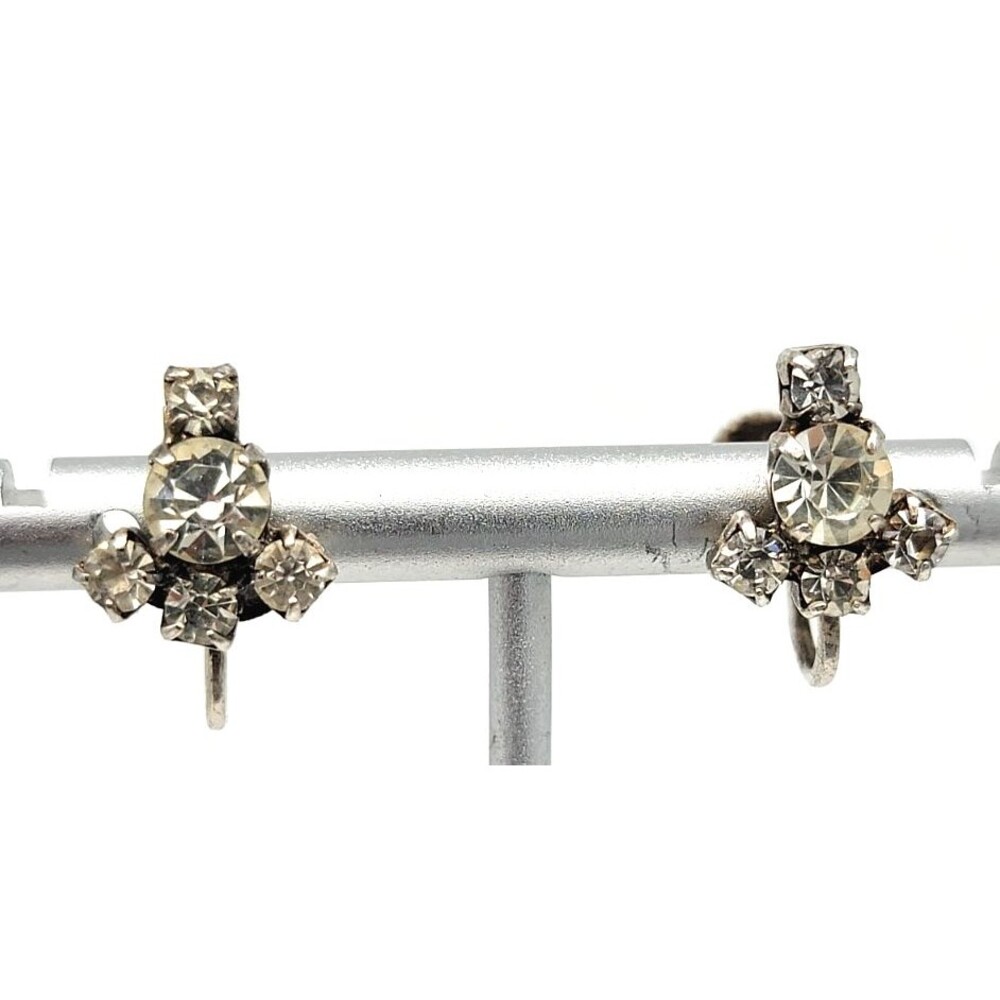 Clear Rhinestone Screw Back Earrings Silver Tone Flower Cluster Vintage Sparkly!